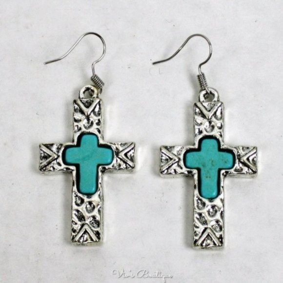 Silvertone Cross Dangle Earrings Faux Turquoise‎ Insert with Gift Box - Picture 1 of 2